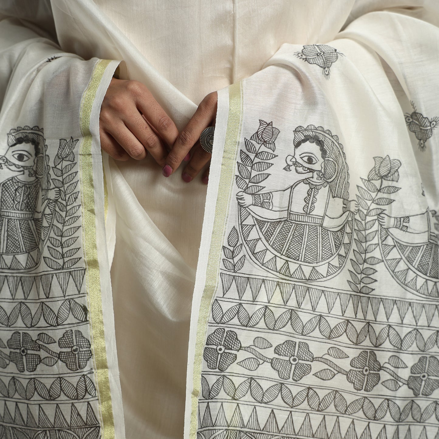 White - Madhubani Handpainted Chanderi Silk Handloom Dupatta 01
