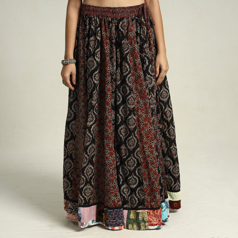 Multicolor - Ajrakh Block Printed 24 Kali Patchwork Cotton Long Skirt 34