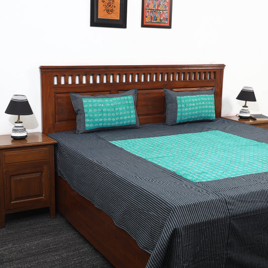 Black - Plain Cotton Double Bed Cover with Block Print Patchwork (94 x 89 In)