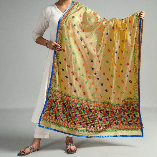 Yellow - Phulkari Hand Embroidery Chanderi Silk Cotton Dupatta