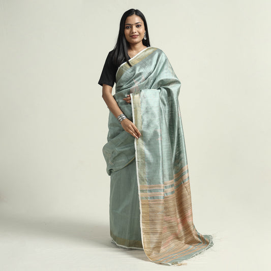 Green - Bhagalpuri Pure Desi Tussar Silk Handloom Saree with Zari Border