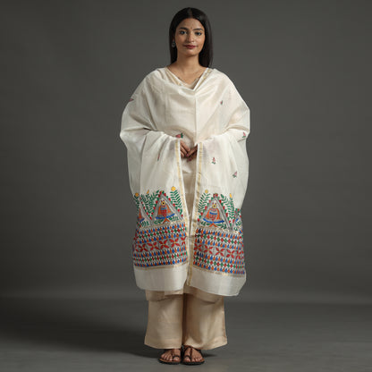 White - Madhubani Handpainted Chanderi Silk Handloom Dupatta 02