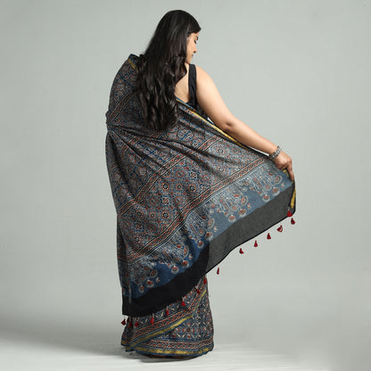 Blue - Ajrakh Block Printed Cotton Natural Dyed Saree with Tassels 04