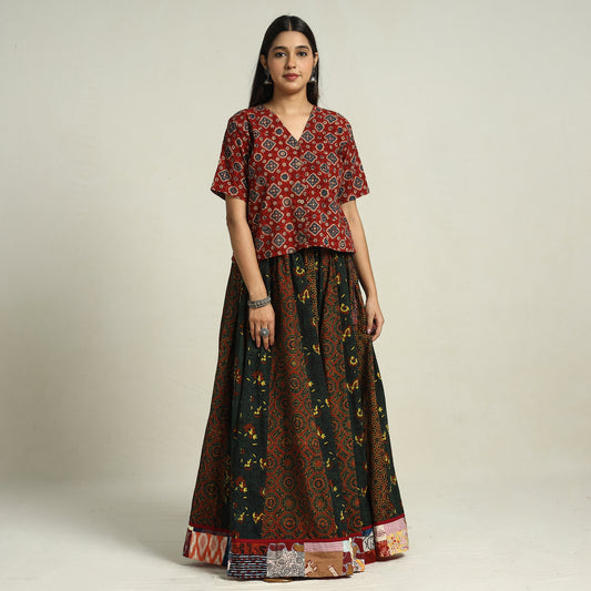 Multicolor - Ajrakh Block Printed 24 Kali Patchwork Cotton Long Skirt 35