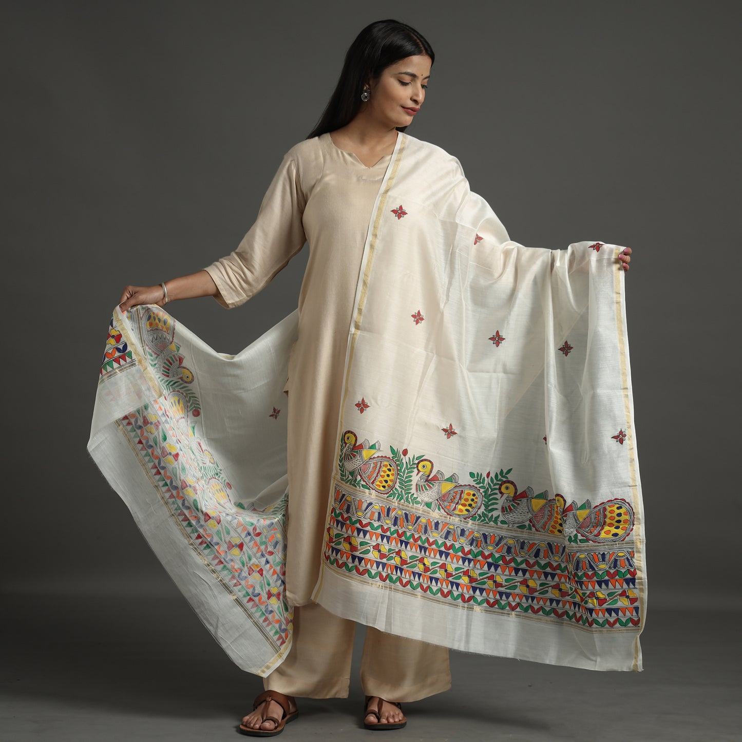 White - Madhubani Handpainted Chanderi Silk Handloom Dupatta 03
