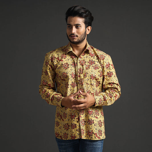 Yellow - Premium Pedana Kalamkari Block Printed Cotton Men Full Sleeve Shirt