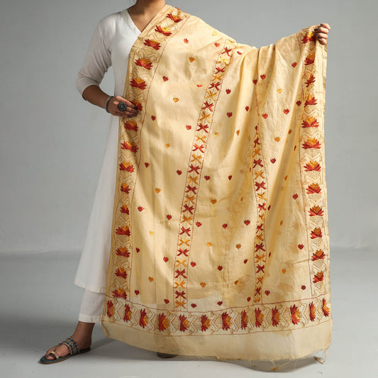 Beige - Phulkari Hand Embroidery Chanderi Silk Cotton Dupatta