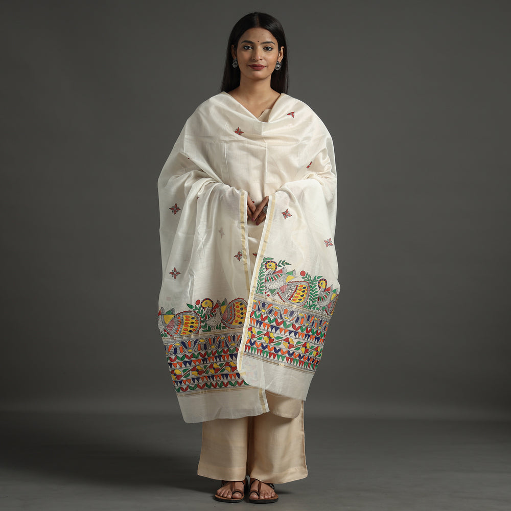 White - Madhubani Handpainted Chanderi Silk Handloom Dupatta 03