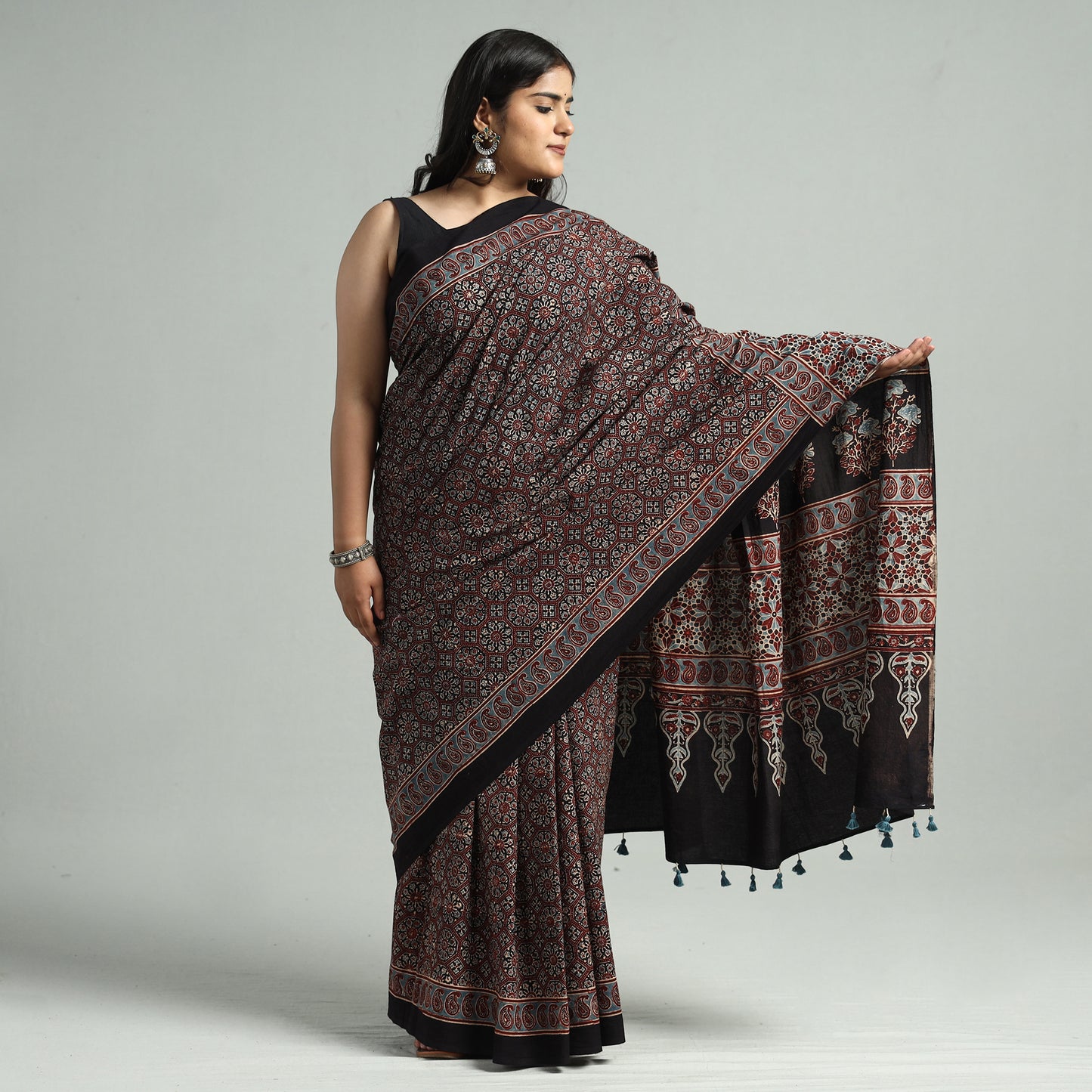 Maroon - Ajrakh Block Printed Cotton Natural Dyed Saree with Tassels 05