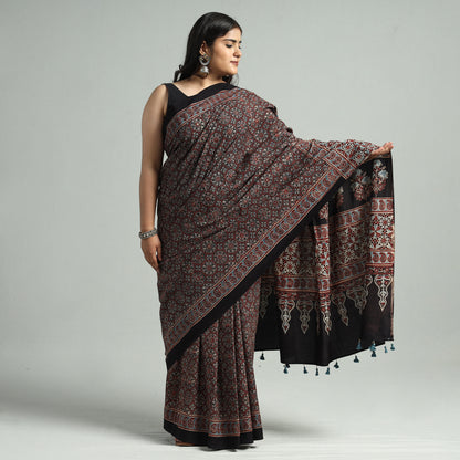 Maroon - Ajrakh Block Printed Cotton Natural Dyed Saree with Tassels 05