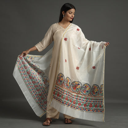 Multicolor - White - Madhubani Handpainted Chanderi Silk Handloom Dupatta 04