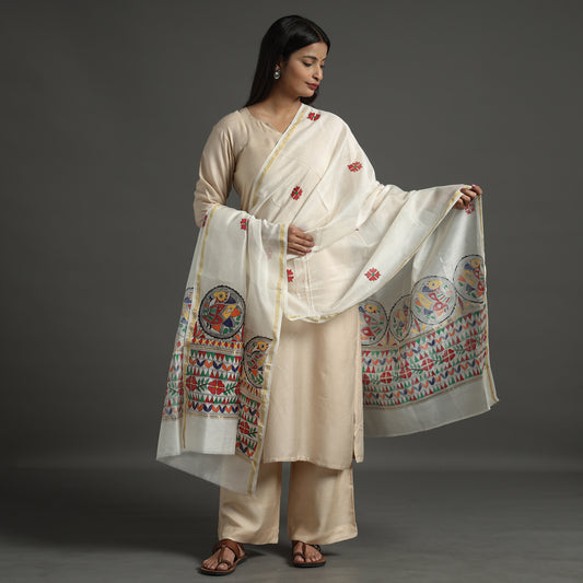 White - Madhubani Handpainted Chanderi Silk Handloom Dupatta 04