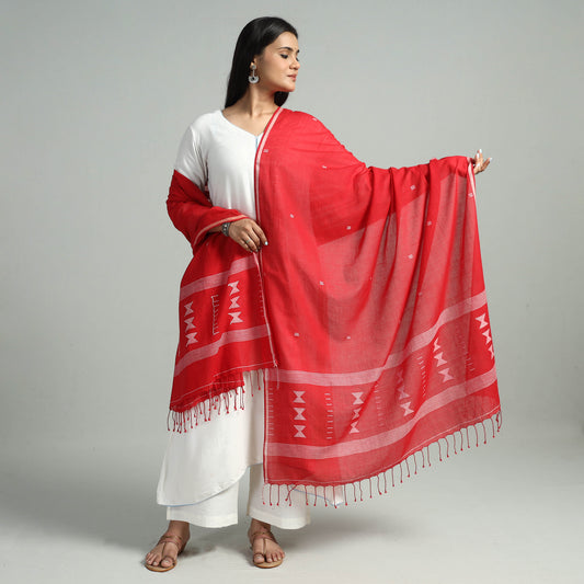 Red - Burdwan Jamdani Buti Handloom Cotton Dupatta with Tassels 02