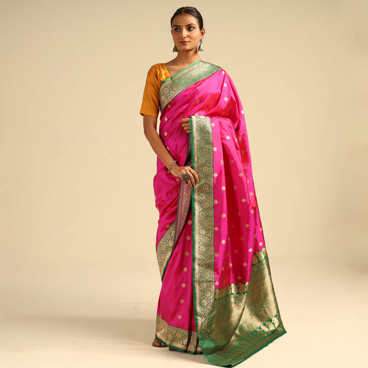 Pink - Banarasi Handloom Pure Katan Silk Kaduwa Zari Buti Saree