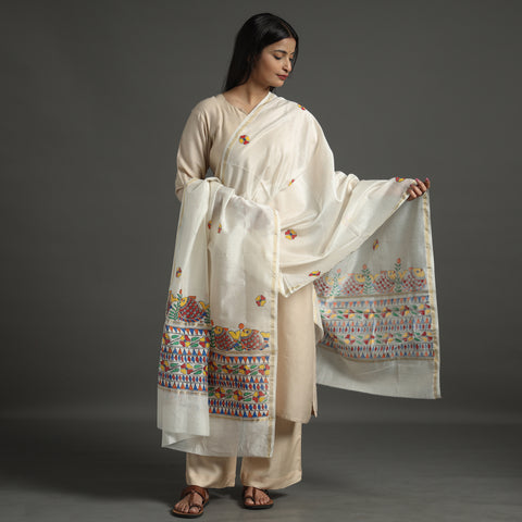 White - Handloom Chanderi Silk Handpainted Madhubani Dupatta 05