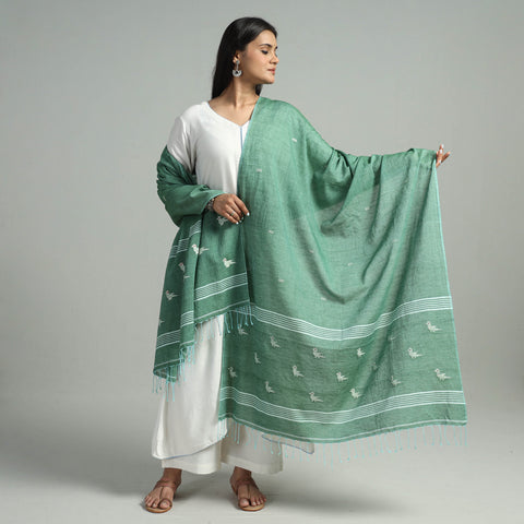 Green - Burdwan Jamdani Buti Handloom Cotton Dupatta with Tassels 03