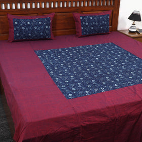 Purple - Plain Cotton Double Bed Cover with Block Print Patchwork (94 x 89 In)