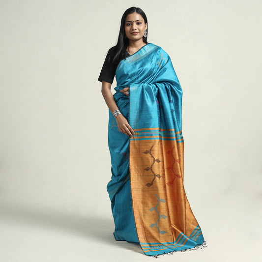 Blue - Bhagalpuri Pure Desi Tussar Silk Handloom Saree with Zari Border
