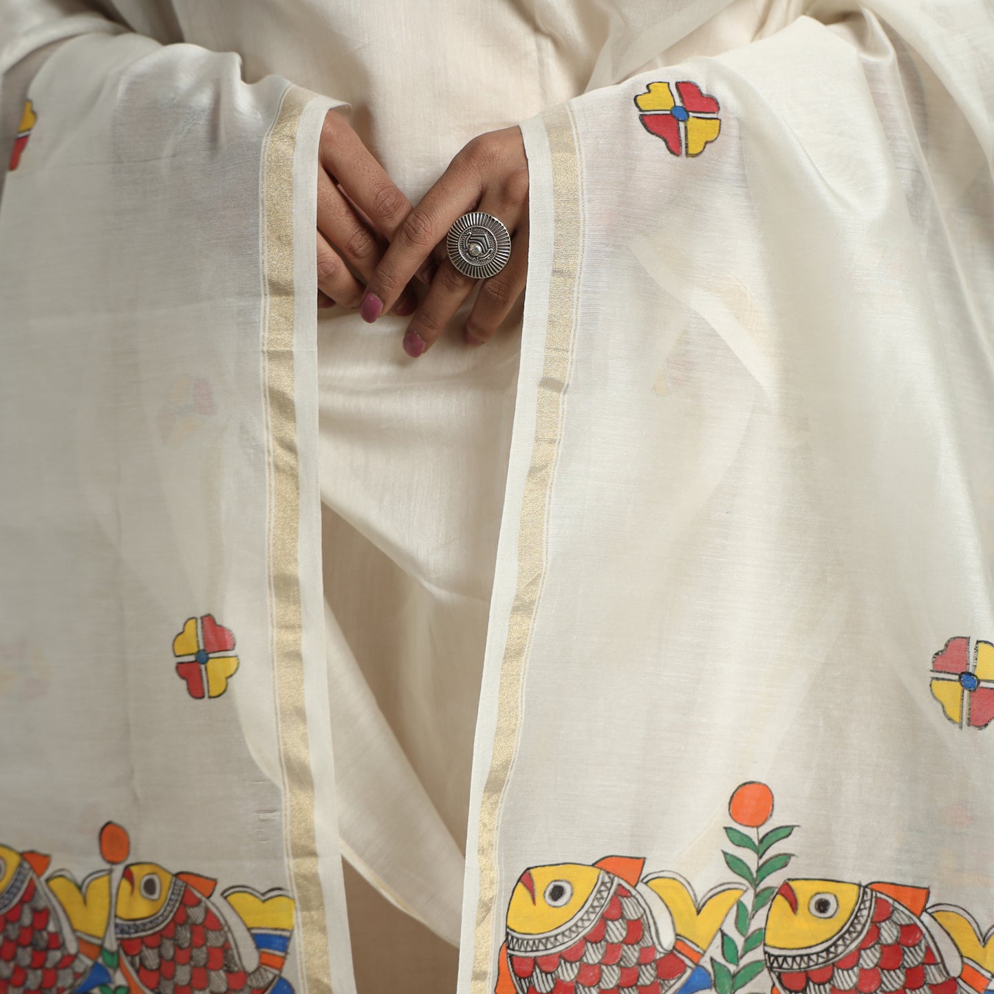 White - Madhubani Handpainted Chanderi Silk Handloom Dupatta 05