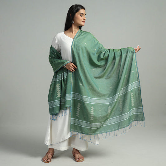 Green - Burdwan Jamdani Buti Handloom Cotton Dupatta with Tassels 04