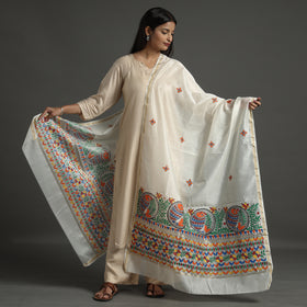White - handloom chanderi silk handpainted madhubani