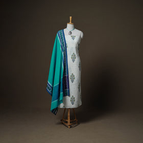 Sanganeri Block Print Cotton Unstitched Dress Material: Kurta, Bottom & Dupatta with Jewellery 01