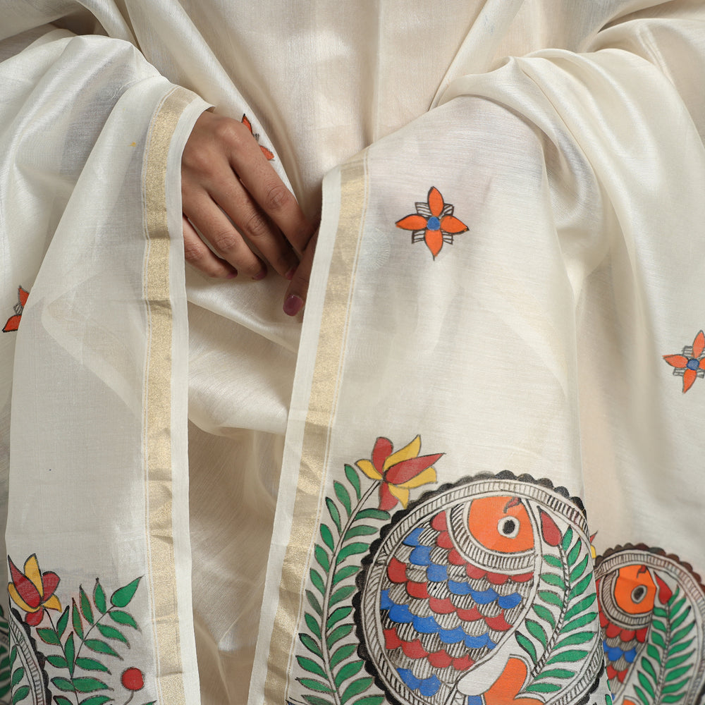 White - Madhubani Handpainted Chanderi Silk Handloom Dupatta 06