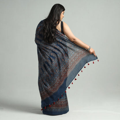 Blue - Ajrakh Block Printed Cotton Natural Dyed Saree with Tassels 07