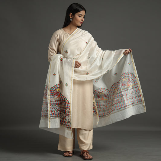 White - Madhubani Handpainted Chanderi Silk Handloom Dupatta 07