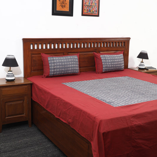 Red - Plain Cotton Double Bed Cover with Block Print Patchwork (94 x 89 In)