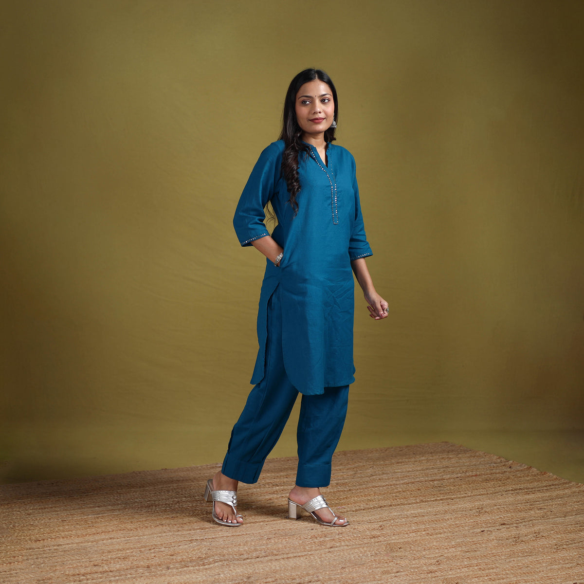 Sequin Work Flex Cotton Plain Straight Kurta with Pant Set for women 15