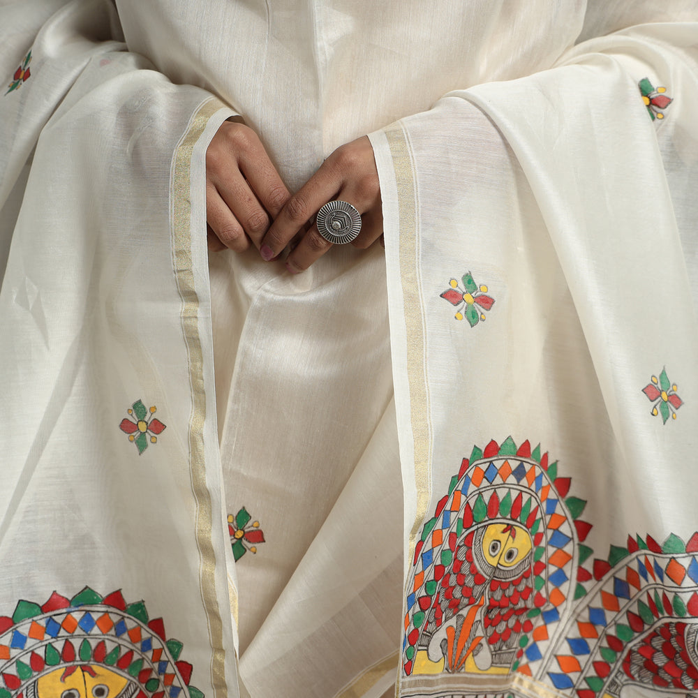 White - Madhubani Handpainted Chanderi Silk Handloom Dupatta 07