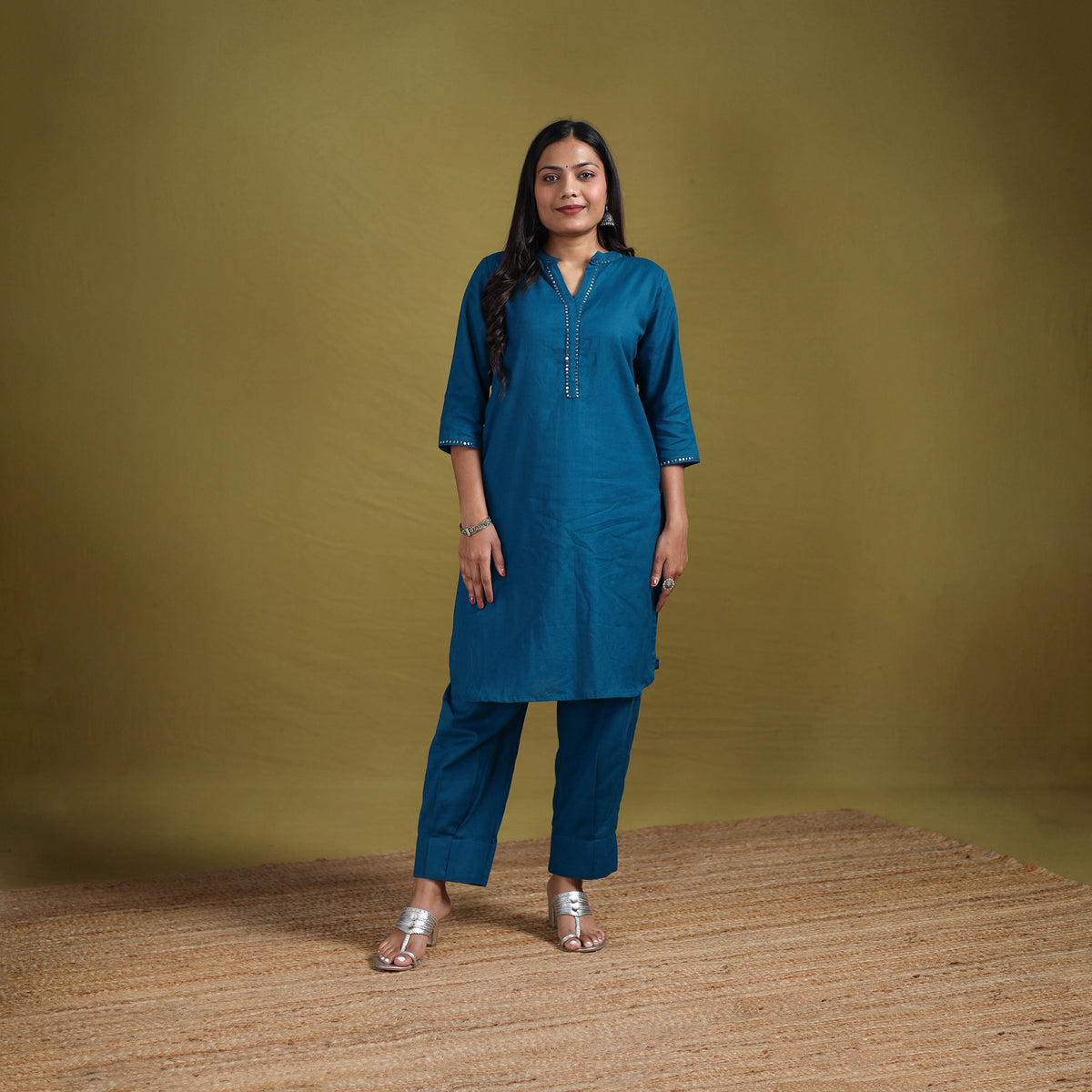 Sequin Work Flex Cotton Plain Straight Kurta with Pant Set for women 15