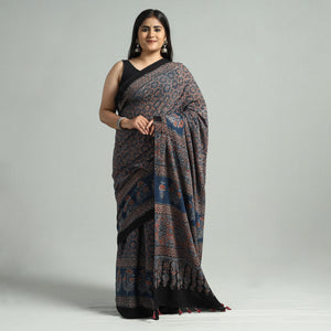 Ajrakh Block Printed Cotton Natural Dyed Saree with Tassels 08