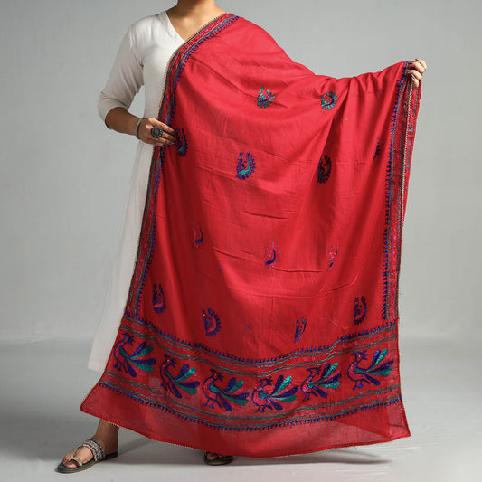 Pink - Traditional Phulkari Hand Embroidered Cotton Dupatta