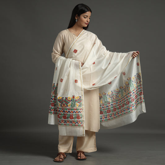 White - Madhubani Handpainted Chanderi Silk Handloom Dupatta 08