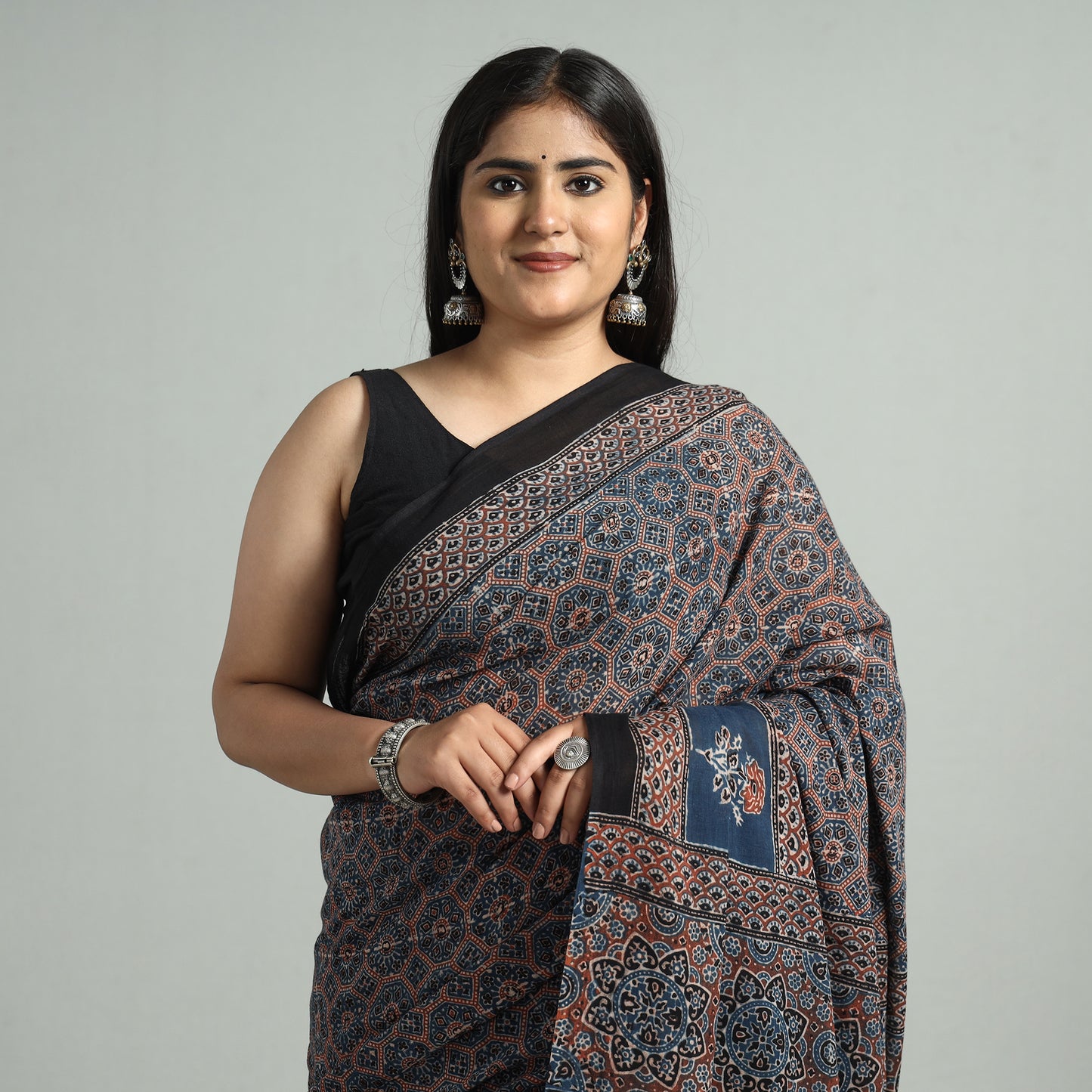 Blue - Ajrakh Block Printed Cotton Natural Dyed Saree with Tassels 08