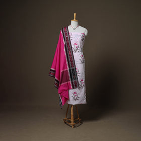 Sanganeri Block Print Cotton Unstitched Dress Material: Kurta, Bottom & Dupatta with Jewellery 02