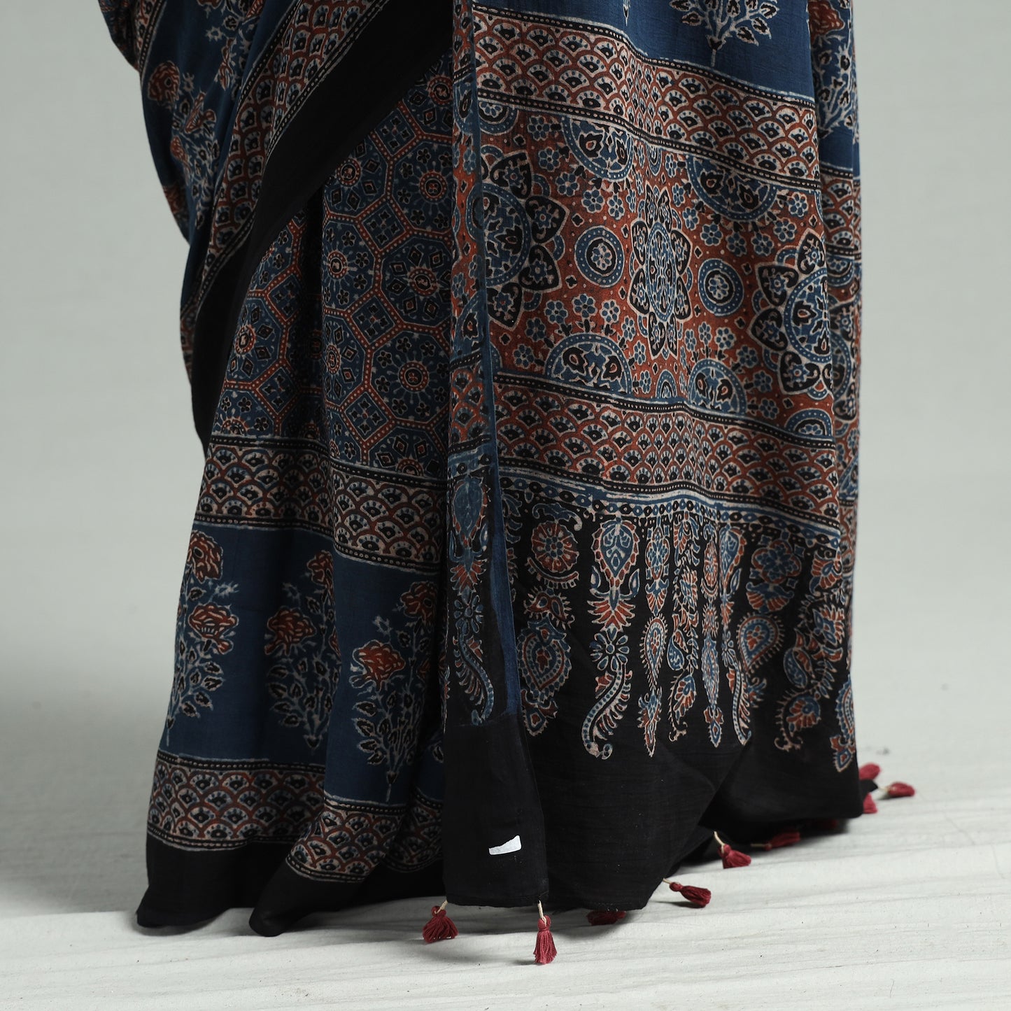 Blue - Ajrakh Block Printed Cotton Natural Dyed Saree with Tassels 08