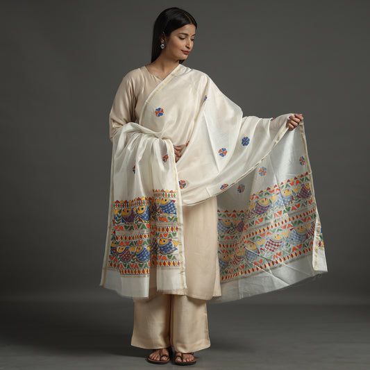 White - Madhubani Handpainted Chanderi Silk Handloom Dupatta 09