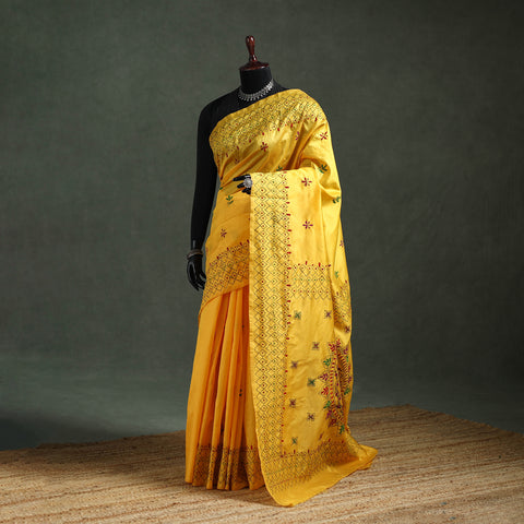 Yellow - Bengal Nakshi Kantha Hand Embroidered Silk Saree 02