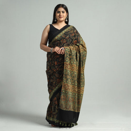 Multicolor - Ajrakh Block Printed Cotton Natural Dyed Saree with Tassels 09