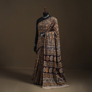 Black - Pedana Hand Block Print Natural Dyed Cotton Kalamkari Saree 33