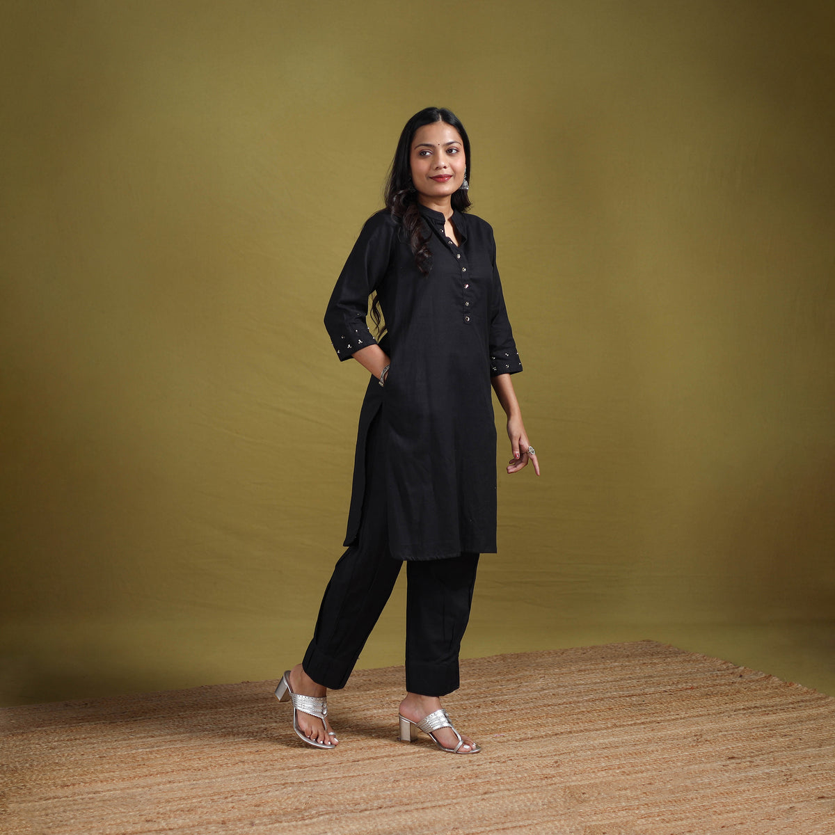 Sequin Work Flex Cotton Plain Straight Kurta with Pant Set for women 08