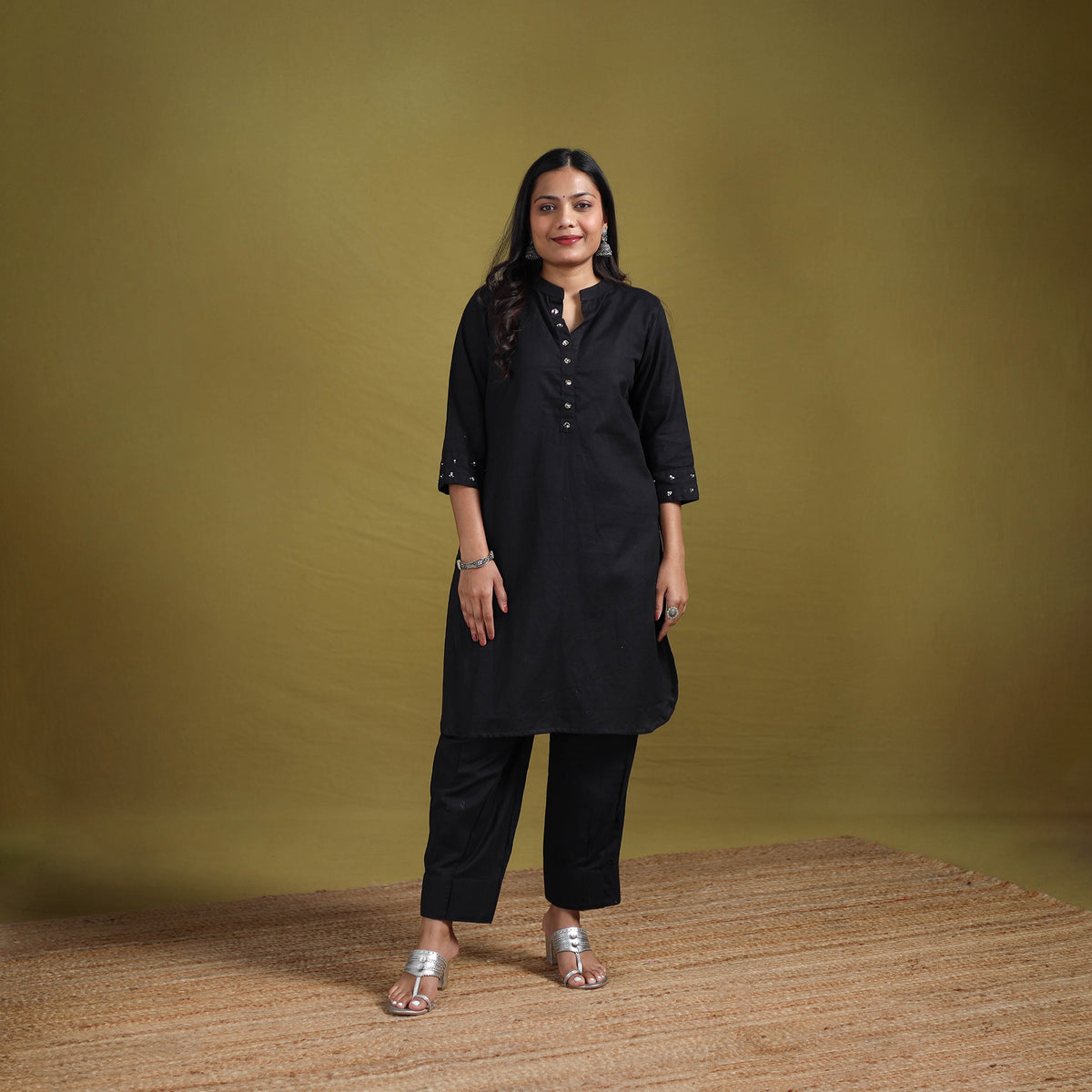 Sequin Work Flex Cotton Plain Straight Kurta with Pant Set for women 08