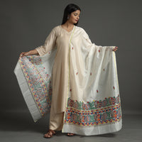 White - Madhubani Handpainted Chanderi Silk Handloom Dupatta 10