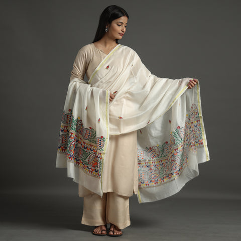 White - Handloom Chanderi Silk Handpainted Madhubani Dupatta 10