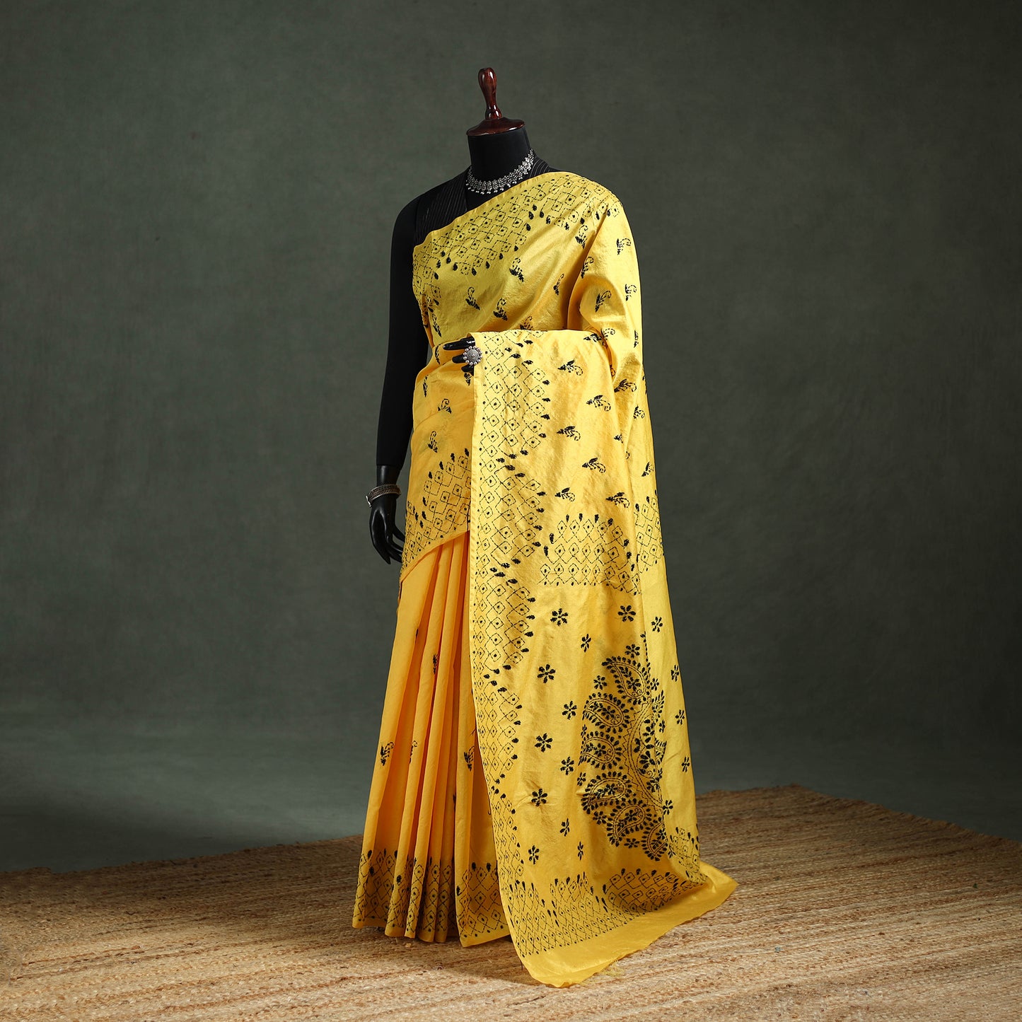 Yellow - Bengal Nakshi Kantha Hand Embroidered Silk Saree 03