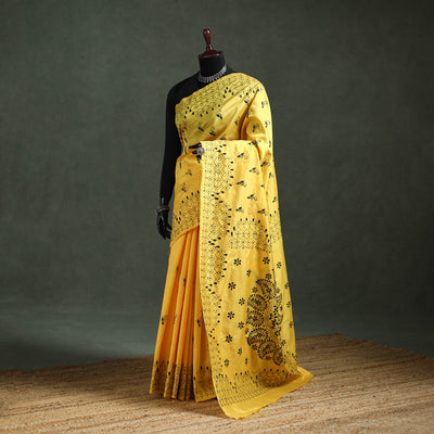 Yellow - Bengal Nakshi Kantha Hand Embroidered Silk Saree 03