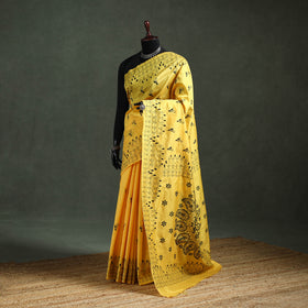 Yellow - Bengal Nakshi Kantha Hand Embroidered Silk Saree 03